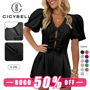 【BOGO 50% Off 】Cicy Bell Womens Cute Rompers Bow Front Puff Sleeve V Neck Short Jumpsuits Sexy Summer Outfits with Pockets