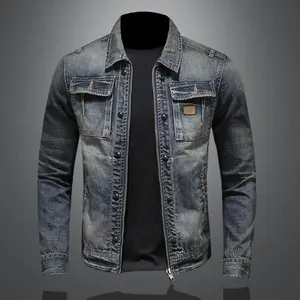 Vintage denim jacket with zip, stand collar, cotton slim fit; denim coat/jeans jacket; classic hip hop varsity jacket; winter jacket for men; menswear fabric