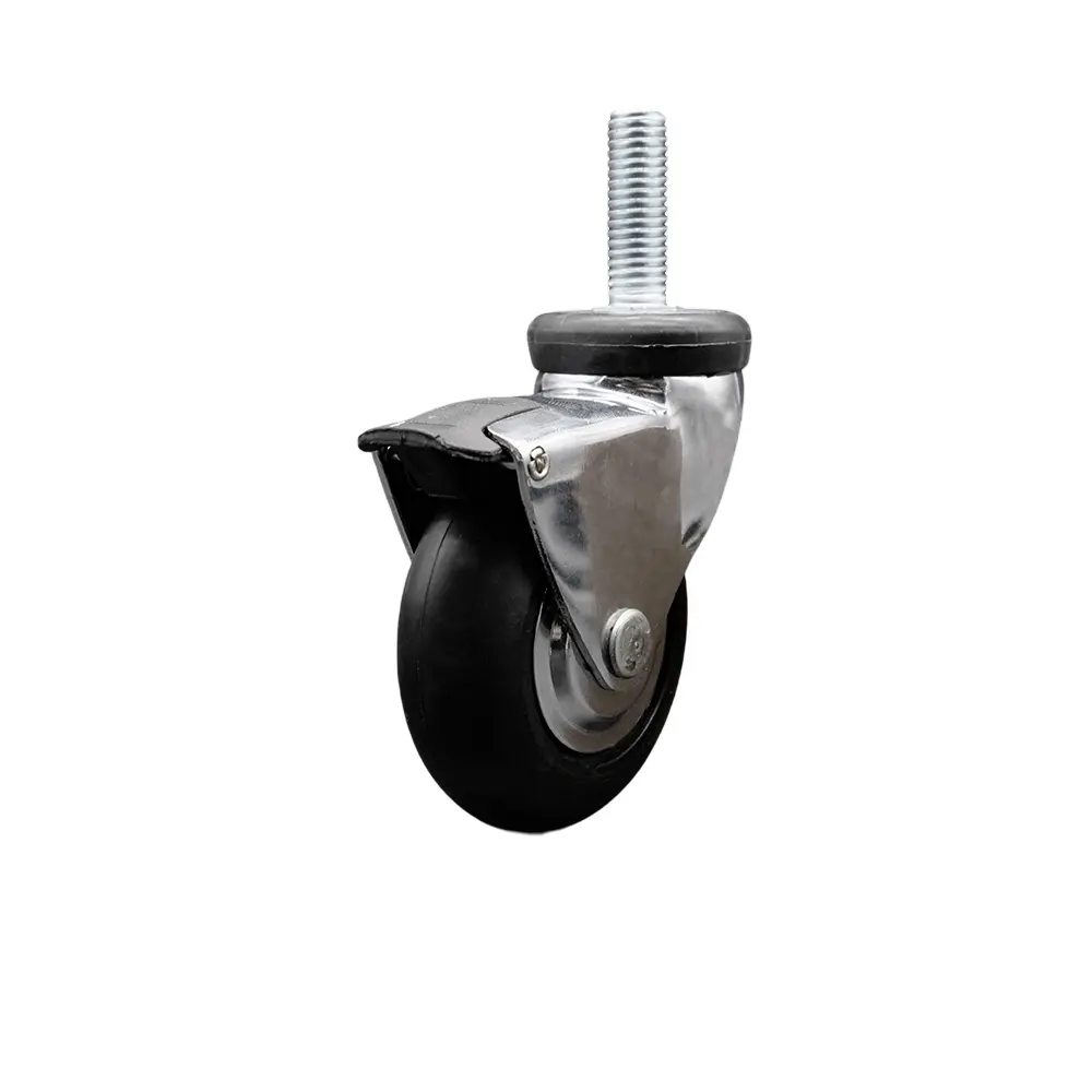 Service Caster SCC-TS03S310-NPRB-BC-B-381615 Heavy Duty 3 in. Swivel Chrome Castor with Brake, Furniture Moving Wheel, Bright Chrome Hood, Neoprene Rubber, 0.375 in. 16 TPI x 1.5 in. Threaded Stem Threaded Castor, Chrome Castors