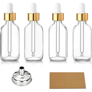 Set of 4, 2 oz Golden Cap Clear Dropper Bottles (60ml) with 1 Funnel & 4 Labels - Glass Tincture Bottles for Essential Oils with Eye Droppers - Leak Proof Travel Bottles for Liquids