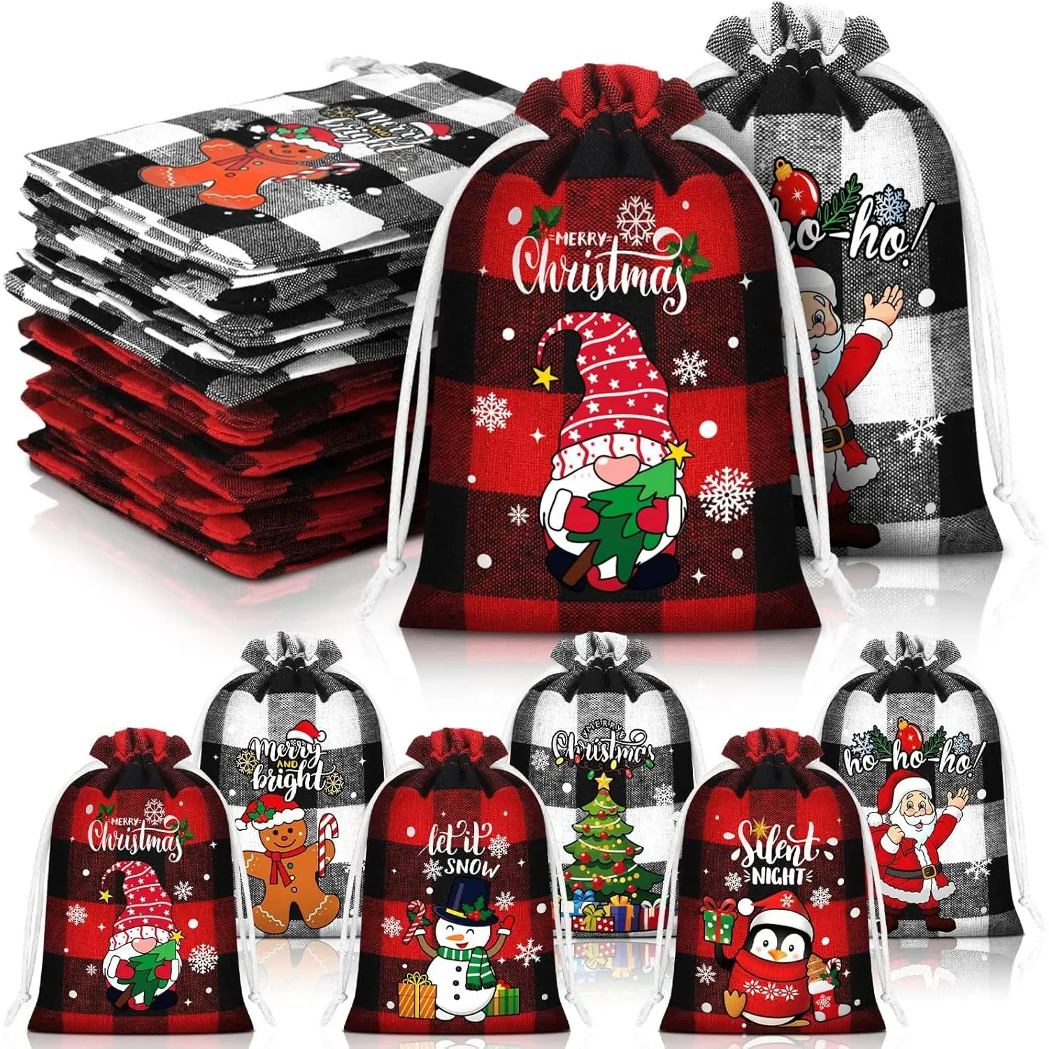 24 Pcs Cotton Buffalo Plaid Christmas Drawstring Bags, Festive Wrapping Treat Bags for Xmas Candy, Unique Gift, Anniversary Party Supplies, Anniversary Party Gift