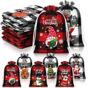 24 Pcs Christmas Bags Christmas Drawstring Gift Buffalo Plaid Wrapping Cotton Treat Bag for Xmas Candy Party Supplies