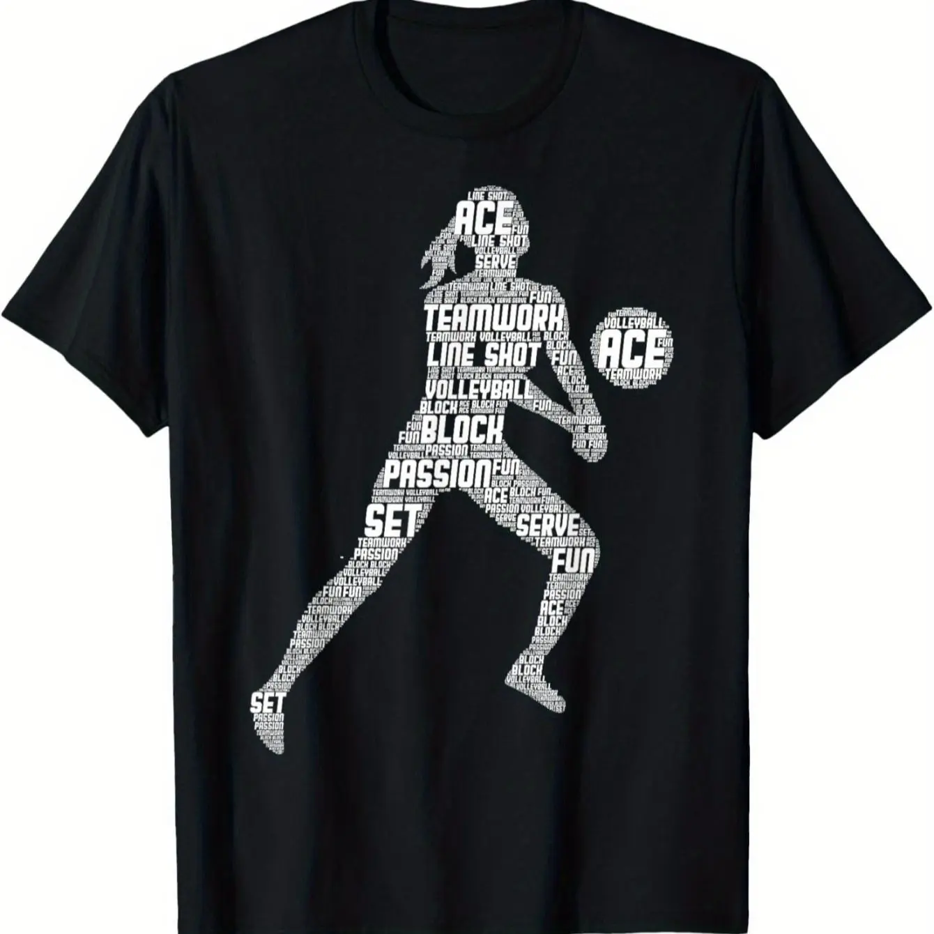 Cotton Women's Youth Volleyball Graphic T-Shirt - Black Casual Loose Fit with Empowering Volleyball Player Silhouette & Positive Adjectives Print, Machine Washable Sporty Top, Volleyball Gifts for Girls