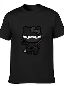 Unisex Black Ninja Hello Kitty Print Crew Neck T Shirt Soft Cotton Loose Bohemian Style Casual Tee Comfortable For All Seasons Fun Graphic Design Ideal For Daily Outfits Hand Wash Only Soft Cotton Themed Apparel