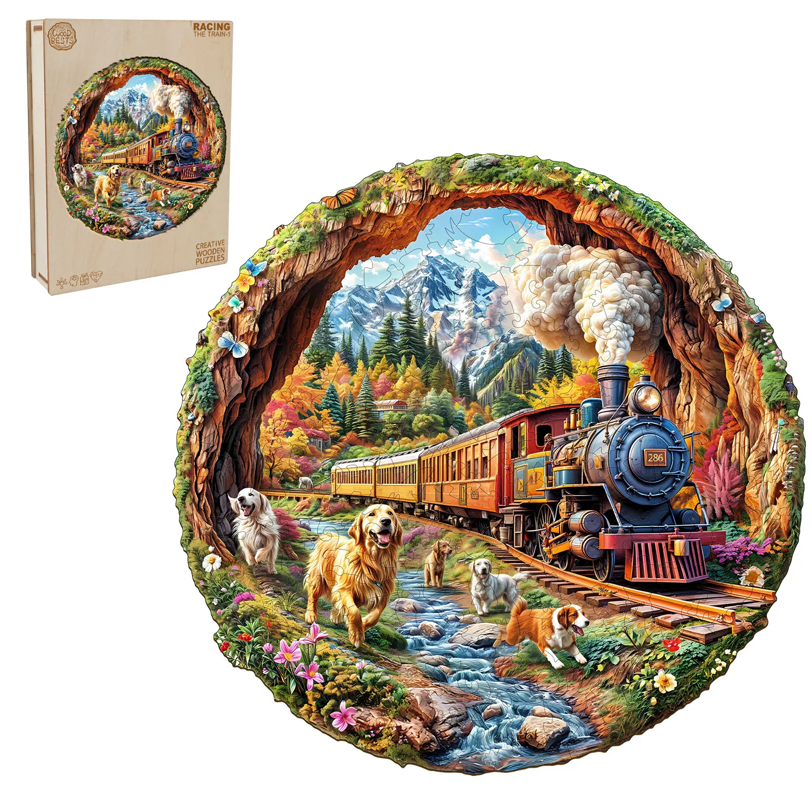 Racing The Train-1 Wooden Jigsaw Puzzle for Adults and Kids Unique Shape Animal Wood Puzzles Challenging Puzzle, Family Game Creative Gifts，Laser-Cut Durable HDF Wood Puzzle Decoration Items Butterflies