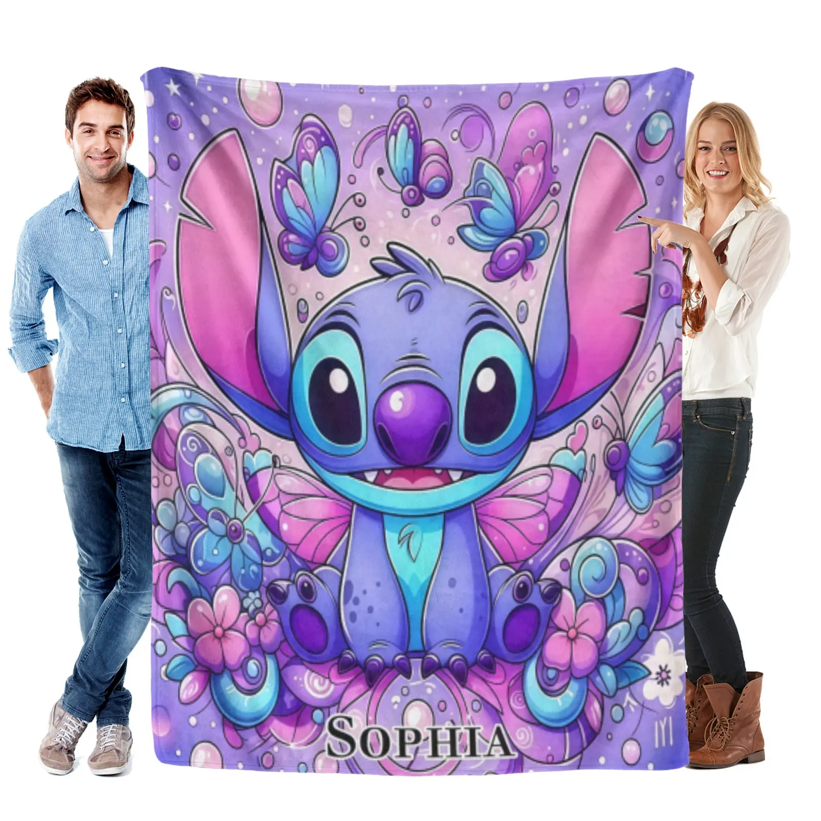 Disney Bubbles Floral Stitch Throw Blanket,Soft Flannel Throw,Custom Name Design For Bed Couch,Stitch Bedding,Kid Girl Bedroom Decor