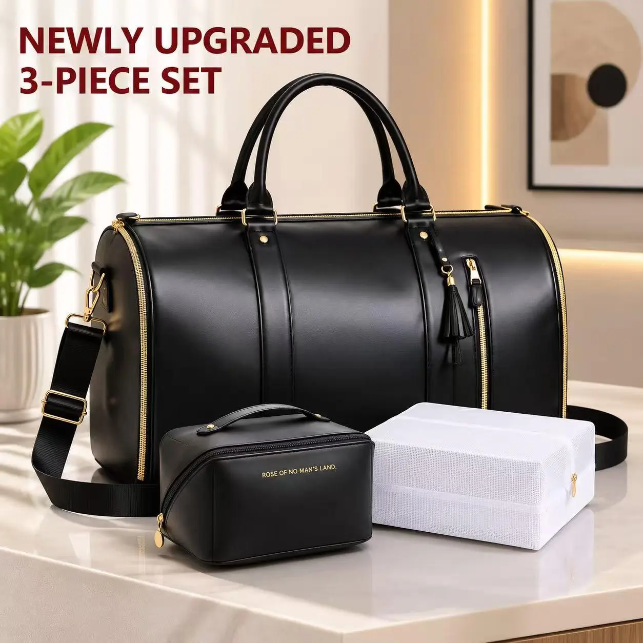 3PC Set 4-in-1 Foldable Business Travel Bag, Nylon Garment Storage Bag with Convertible Strap, Garment Pocket & Attached Cosmetic Makeup Bag