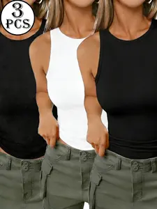 3-Pack Women's Basic Sleeveless Crop Tank Tops, Slim Fit Crew Neck Camis for Layering & Daily Wear