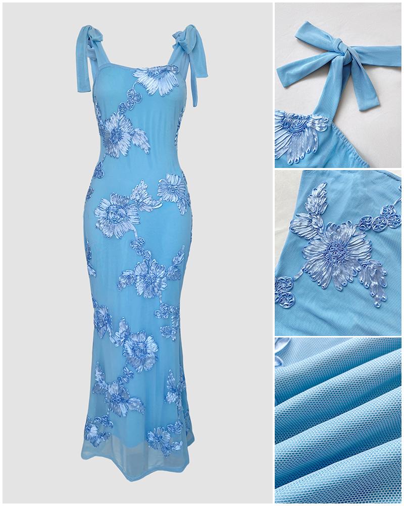 ChicMe Women's 3D Floral Embroidery Maxi Dress Elegant Tie-Shoulder Mermaid Gown Zipper Back Cowl Neck Vestido for Weddings Parties and Prom