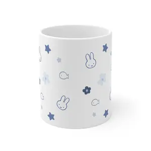 Miffy Ceramic Mug Bunny & Stars Design cute silly rabbit cup to drink coffee, perfect gift for girlfriend, spring, blue aesthetic