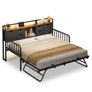 Twin Daybed with Trundle with Storage Headboard & Charging Station Black