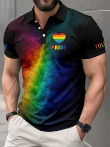 Rainbow Pride Gradient Smoke Polo Shirt, Men's Casual Heart Print Short Sleeve, Fitted Geometric Pattern, Perfect for Daily Wear
