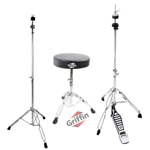 GRIFFIN Drum Hardware 3 PACK - Hi-Hat Stand, Drummers Throne Seat & Straight Cymbal Stand | Deluxe Chrome Slip-Proof Gear Holder Percussion Set for Mounting Medium-Duty Crash, Ride & Splash Cymbals
