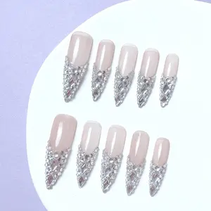 Rhinestone Decor Fake Nails, Bling Rhinestone Decoration, 10pcs/set Long Stiletto Press on Nails for Women & Girls DIY Nail Art, Elegant Stick on Nails Kit