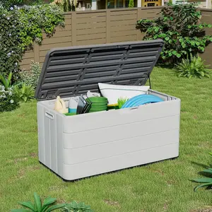 ADDOK Large Resin Deck Box Lockable, Outdoor Garden Storage Box Waterproof, Elegant Storage Bench for Cushions, Garden Tools
