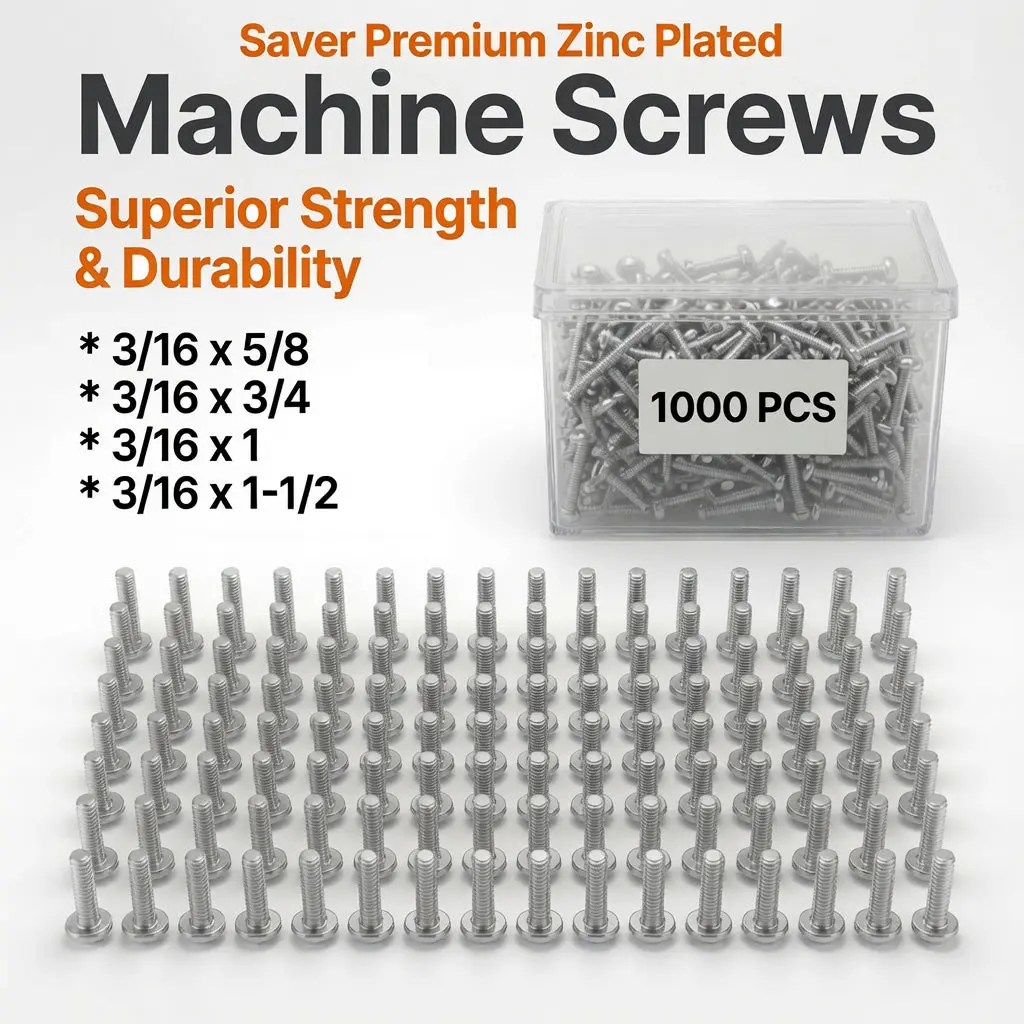 1000 PCS Phillips Head Machine Screws 3/16" Diameter, 5/8" 3/4" 1" 1-1/2" Length, Premium Quality Phillips Drive Fasteners Bulk Pack
