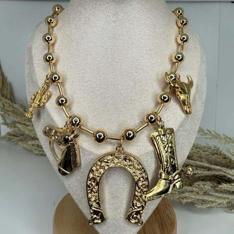 Gold Color Cowboy Theme Necklace with Horseshoe Boot and Cactus Charms for Western Style