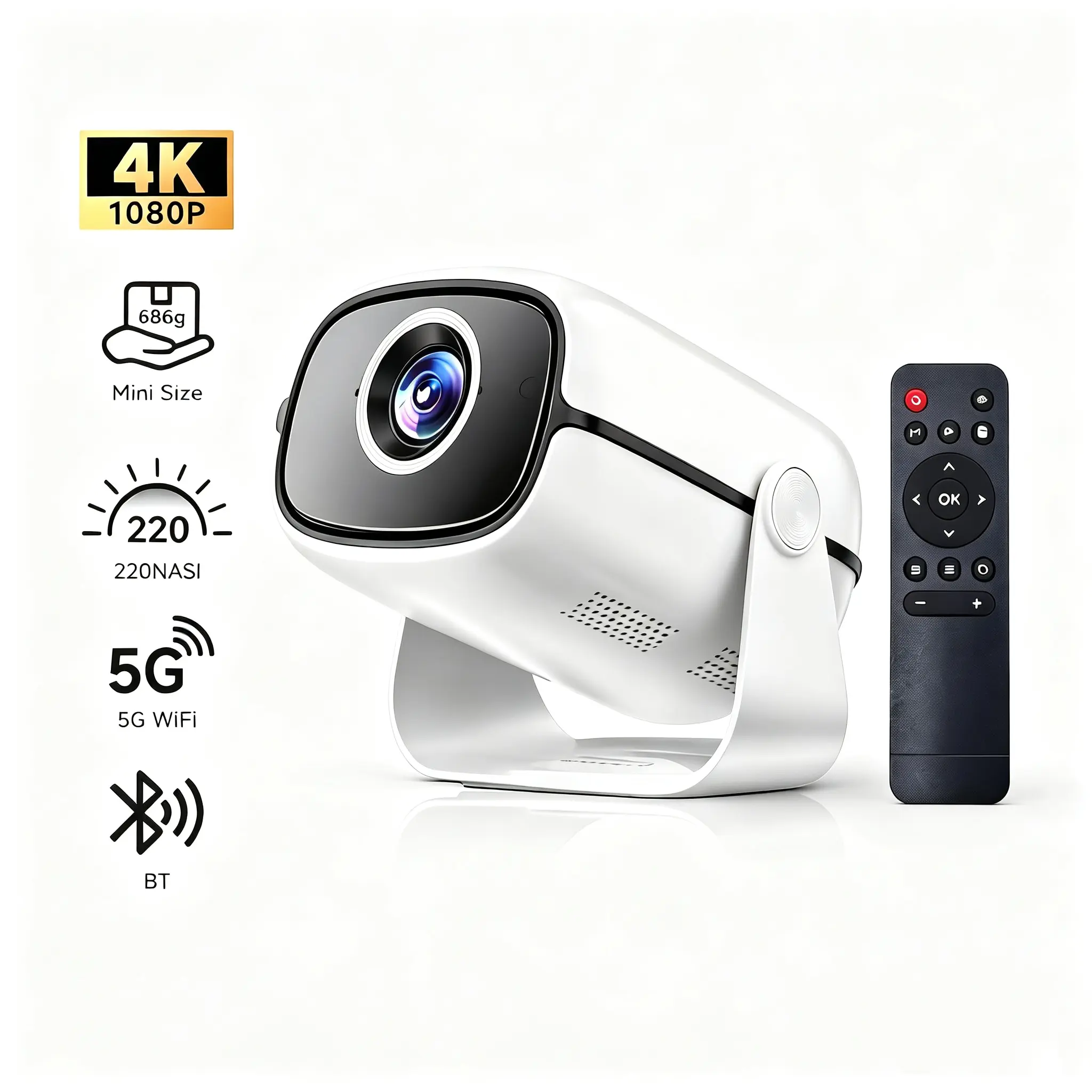 Veidoo Portable Projector, 220 ANSI Lumens, Auto Vertical Correction, Smart Android OS, WiFi, Bluetooth, 4K-1080P Support, Built-in Apps, 180° Rotation, Mini Projector for Bedroom, Outdoor Movie Use