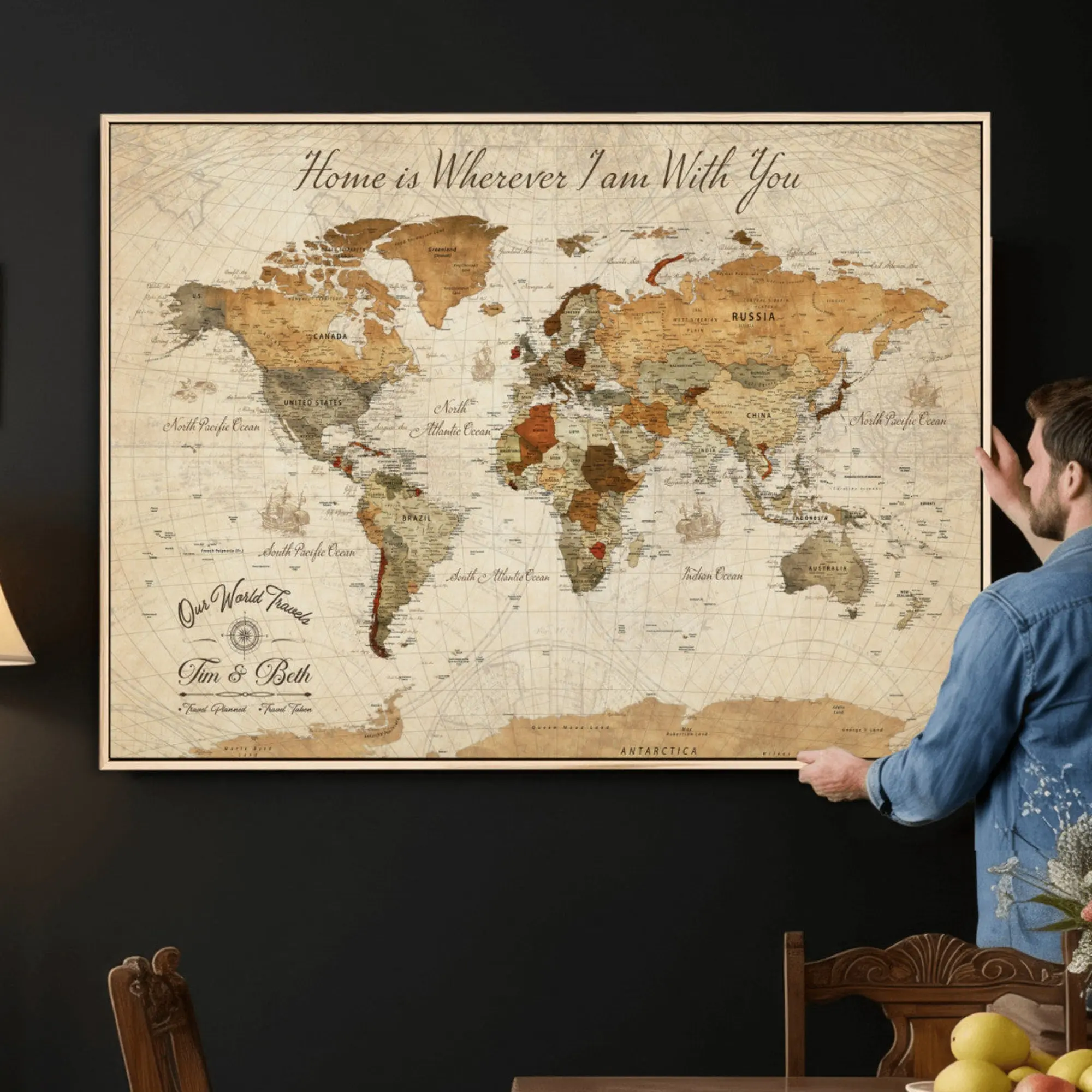 Personalized World Map Canvas Print – Custom Push Pin Framed