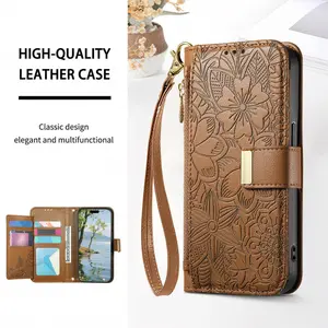 Compatible with Samsung S26 Ultra/S26 Plus/S26 Edge/S26/S25 Ultra/S25 Plus/S25 FE/S25 Edge/S25, W23-5 Short hand rope. Vintage Embossed Floral Zipper Flip Wallet Case. Multi-Card Slots, Zipper Pocket, Dual Magnetic Buckle, Wrist Strap, Shockproof. Ideal f