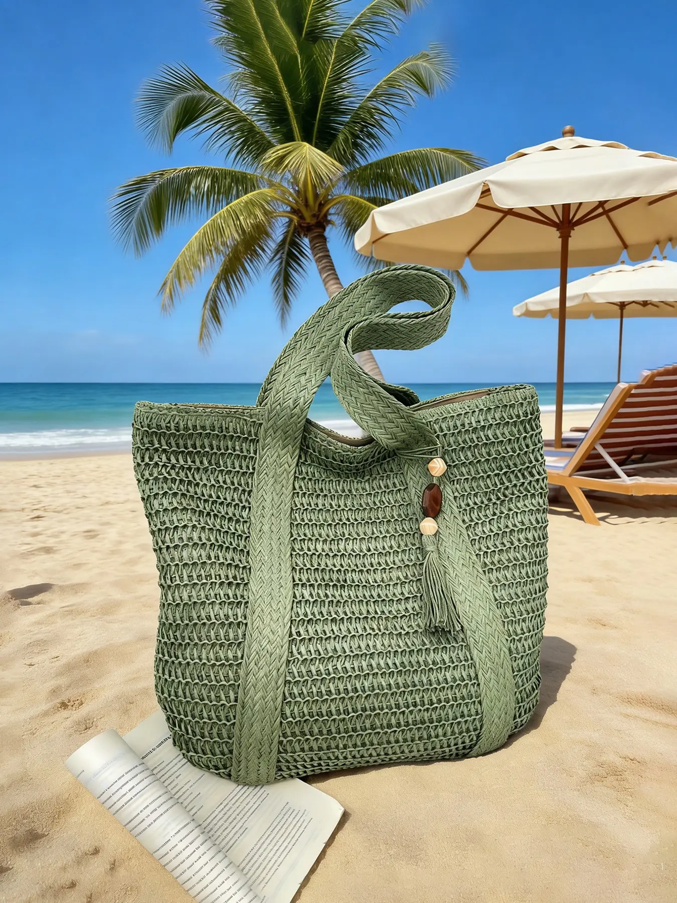 Ladies' fashionable, simple, casual, retro solid color grass woven shoulder bag with large capacity suitable for daily commuting, seaside vacation, beach bag, Shoulder Tote, Casual Trendy Bag, Straw Boho Bag is a must-have for ladies