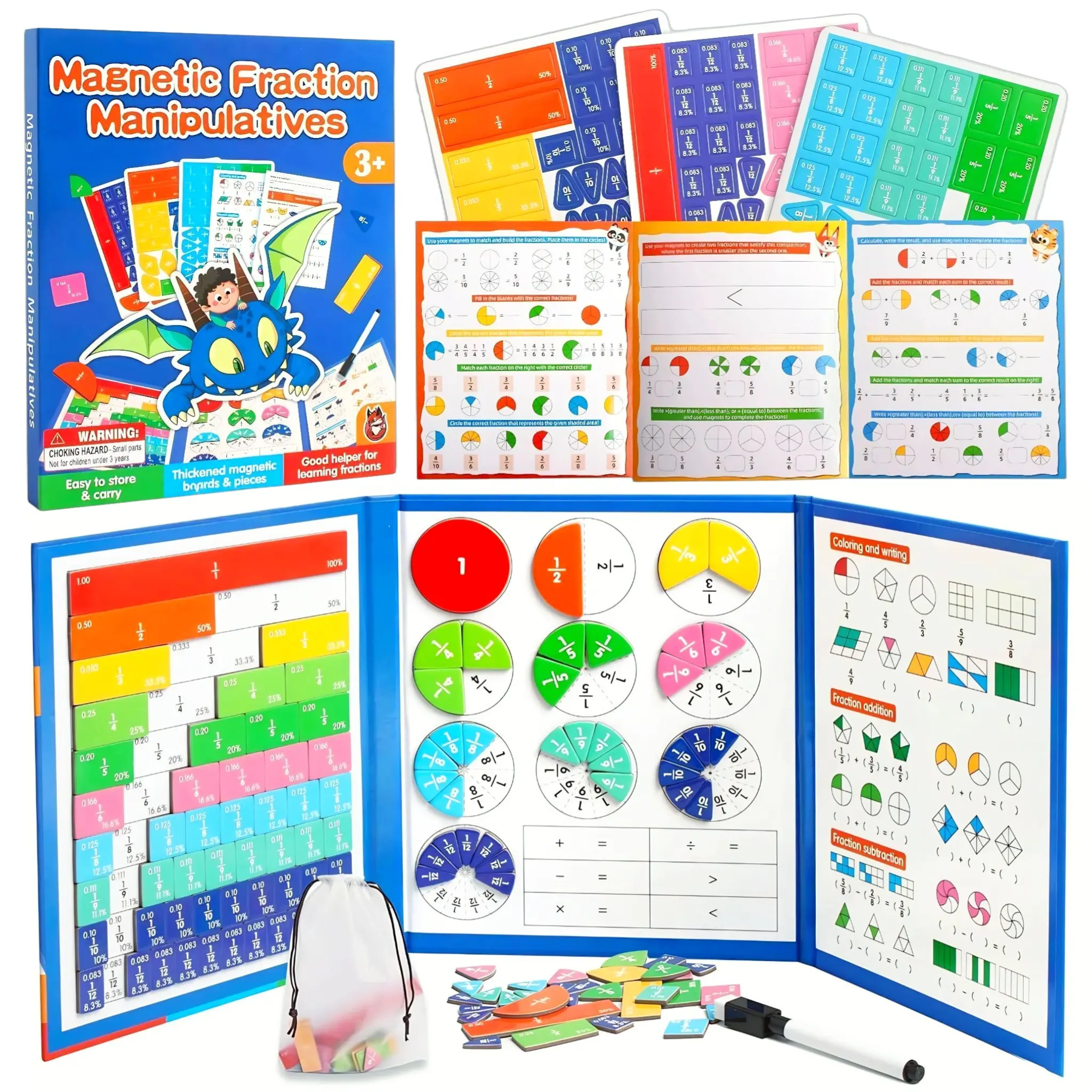 Magnetic Fraction Playbook Tiles And Circles Math Manipulatives Tri Fold Educational Activity Board Dry Erase Surface For Kids Ages 6 12 Grades 3 6 Visual Addition Subtraction Equivalence Comparison Tool