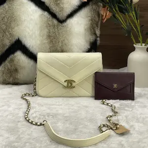 Pre-owned CHANEL White V Stitch Envelope Flap Bag with Gold Hardware (2 in 1 Set) + Small Card Holder 866