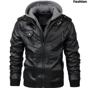 2025 New Men's Fashion Multi-pocket PU Jacket with Detachable Hood Slim Motorcycle Jacket Menswear Coats western clothing western wear men