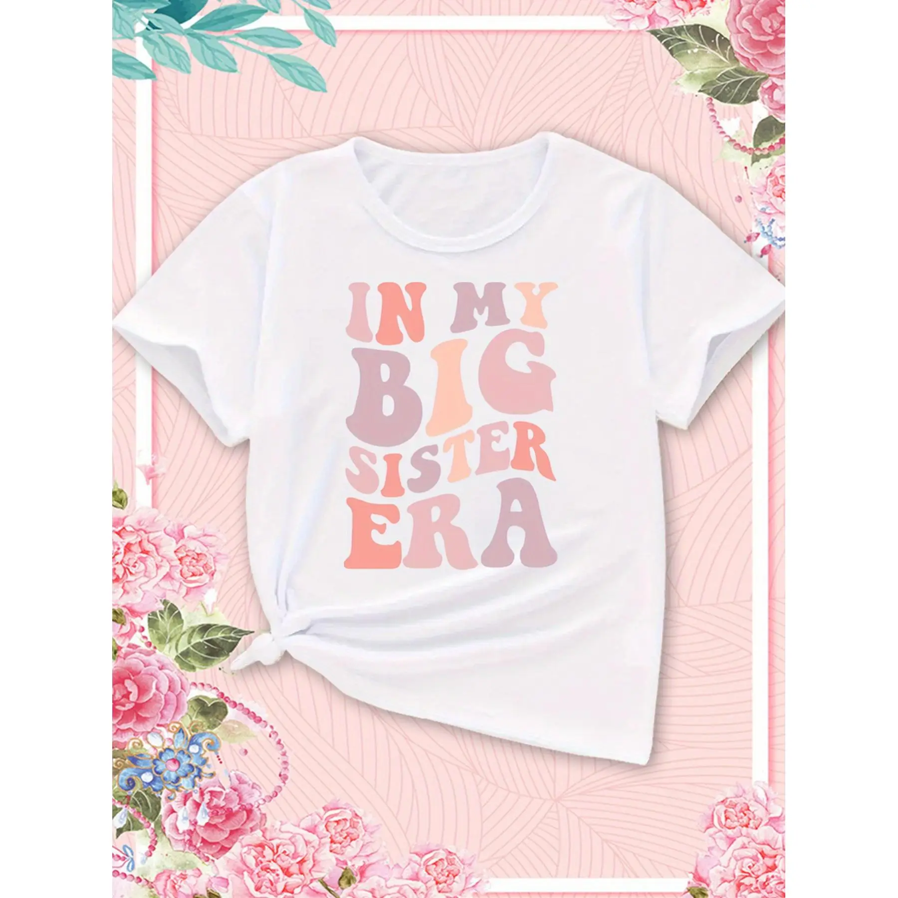 Comfortable Elastic Girl "in My Big Sister Era" Color Letter Print T-shirt-Breathable, round Neck, Short-Sleeved Casual Top, Suitable for Spring/Summe