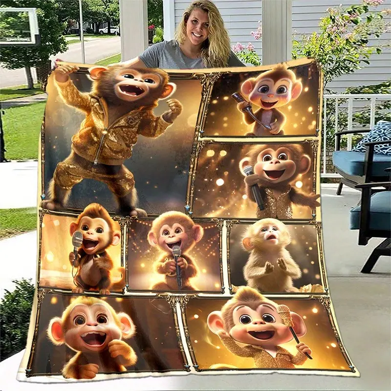 Funny Golden Singing Monkey Patchwork Flannel Blanket - Soft, Cozy, Fuzzy Plush Throw with Cute Cartoon Music Baby Monkey Design, Ideal Birthday Christmas Gift for Kids, Nursery Bedroom Sofa Decor