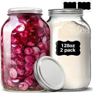 1 Gallon Wide Mouth 2 Pcs, 128 oz Glass Jars with Lids, Flour Sugar Storage Containers, Large Glass Containers for Pickles, Fermented Food, Sourdough Starter, Food Storage