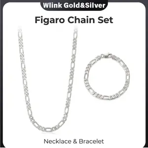 925 Silver Plated Smooth Polished Figaro Chain Necklace Bracelet Set for Men Women, High Gloss Skin Friendly 3:1 Figaro Link Jewelry, Classic Street Fashion Daily Wear Accessories Gift Multiple Lengths & Widths