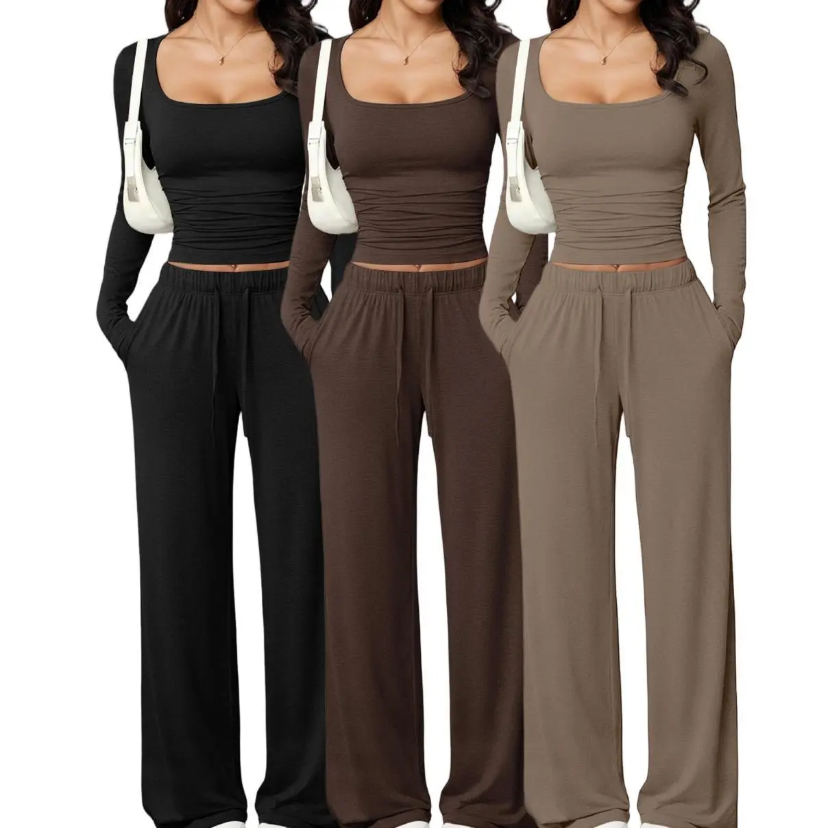 Women's 2-Piece Basic Fall Solid Loungewear Set - Lady's Fitted Round Neck Flare Sleeve Top & Comfortable Elastic Waist Straight Leg Waist Pants for Sports Activities,sohochic