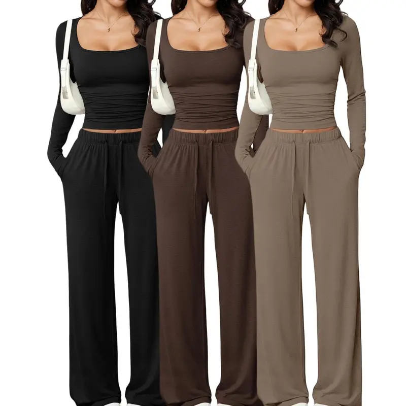 Women's 2-Piece Basic Fall Solid Loungewear Set - Lady's Fitted Round Neck Flare Sleeve Top & Comfortable Elastic Waist Straight Leg Waist Pants for Sports Activities
