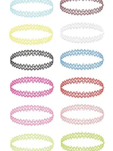 12PC Tattoo Choker Necklace - 90s Accessories 2000s Jewelry Love Necklace Y2K Fashion Vintage Trendy - Pink Blue Green Colorful Rainbow Goth Black - Stretchy Elastic Necklace
