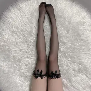 Women Black Lace JK Girls Ruffle Stockings Lolita Kawaii Bows Socks Thigh Knee High Long Stockings Cute Bow Nylon Sexy Socks
