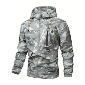 Men's Camo Print Zip Up Drawstring Hooded Jacket, Regular Fit Casual Waterproof Long Sleeve Pocket Outerwear, Men's Fall & Winter Clothes