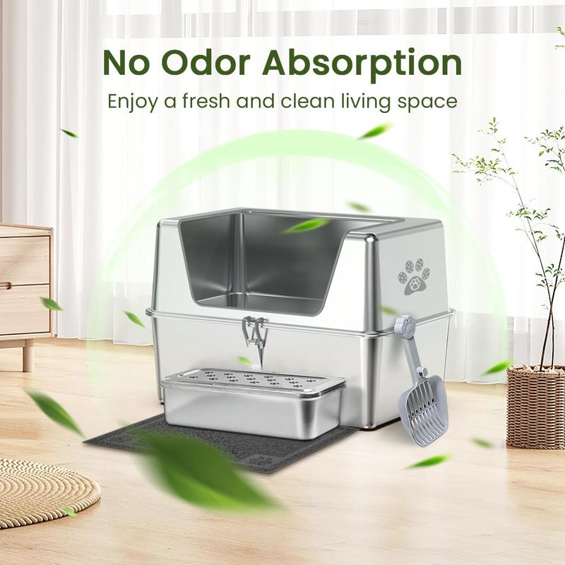 PTLOM Stainless Steel Cat Litter Box High Side, No Lid Large Space, Splash-proof Non-stick Cat Pet Supplies