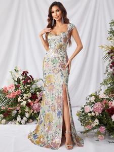 women's floral split hem sequins mermaid vintage dress, elegant boho bohemian chic sleeveless cap sleeve maxi evening party gown, summer dresses for formal wear workwear, dresses for women, feminine, womenswear