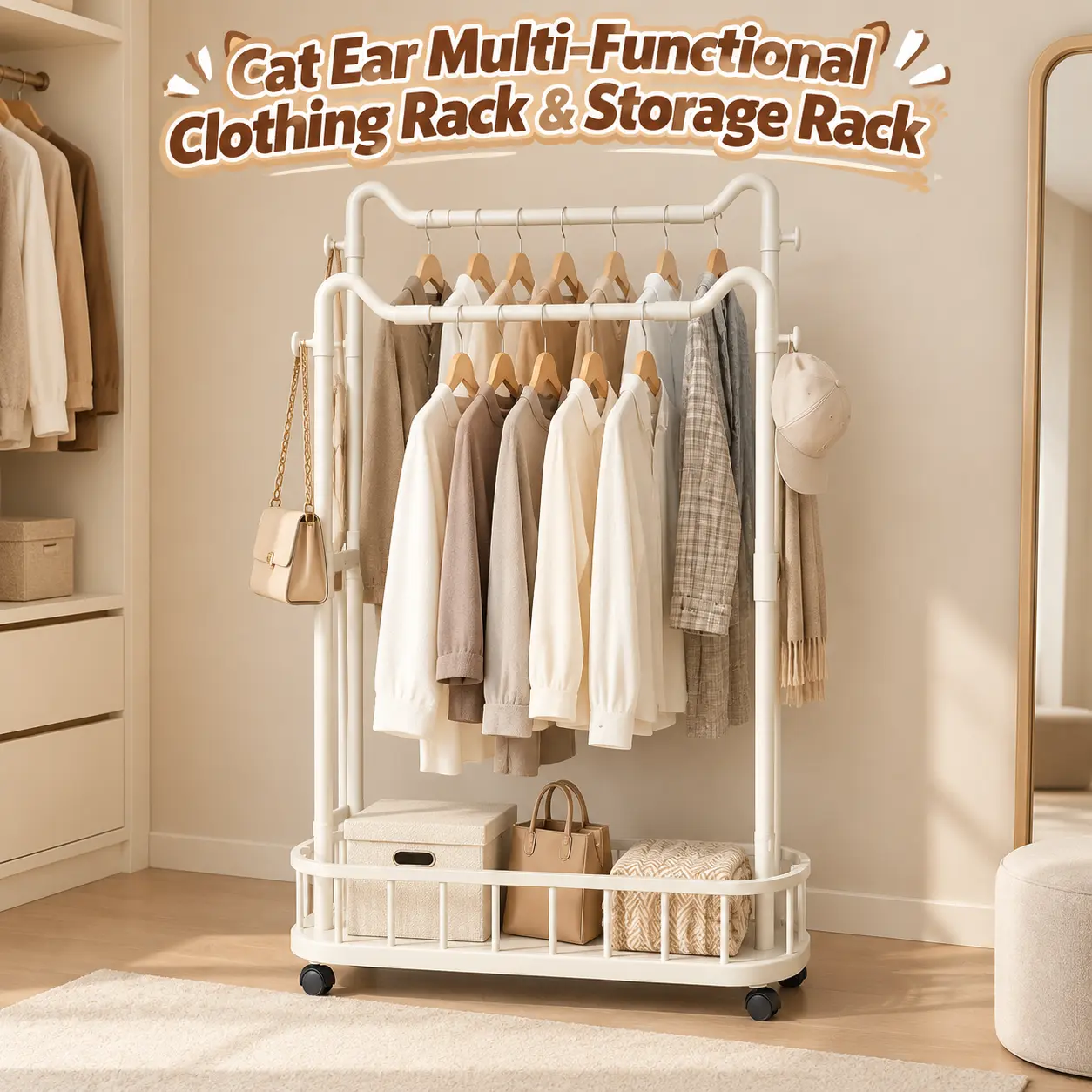 Carbon Steel Cat-Ear Double-Rod Rolling Clothing Rack with Wheels, Freestanding Multi-Purpose Coat Rack with Bottom Storage Basket, Mobile Home Organizer for Bedroom & Laundry Room, Holds Coats, Shirts, Shoes, Bags, Space-Saving Storage Solution