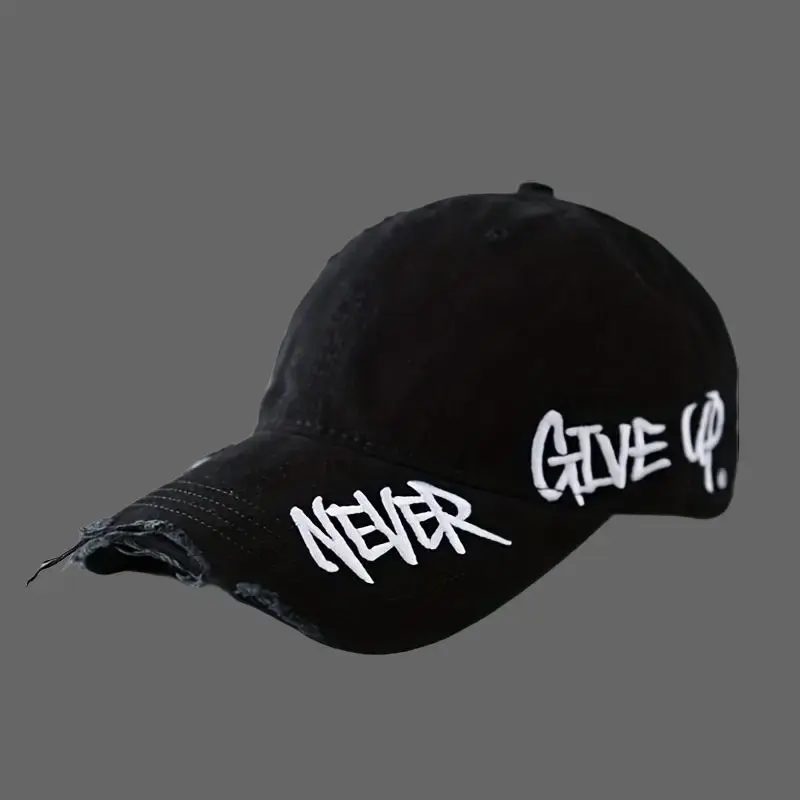 Unisex Vintage Distressed Washed Polyester Solid Baseball Cap - "Never Give Up" Side Embroidery, Lightweight, Curved Brim, Adjustable Snap Back-Buckle, Machine Washable, Fashion Daily Casual Everyday Hat, Everyday Wear, Washed Fabric