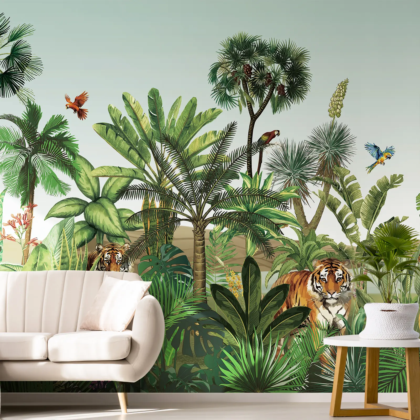Tropical Jungle Safari Wall Mural, High Density PVC Peel and Stick Animal Forest Wallpaper for Nursery Bedroom Living Room Feature Wall Decor