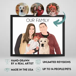 Furesque Custom People + Pet(s) Portrait | Digital, Poster Print or Framed Poster Print | Turn Your Individual Photos Into One Cohesive Portrait | We Draw All Pets - Dogs, Cats, Horses, Pigs, Chickens, Reptiles, Rabbits - you name it!