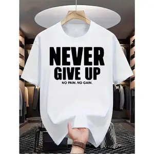 NEVER GIVE UP Letter Print Street Style Summer Round Neck Basic T-Shirt for Men, Sports Outdoor Short Sleeve