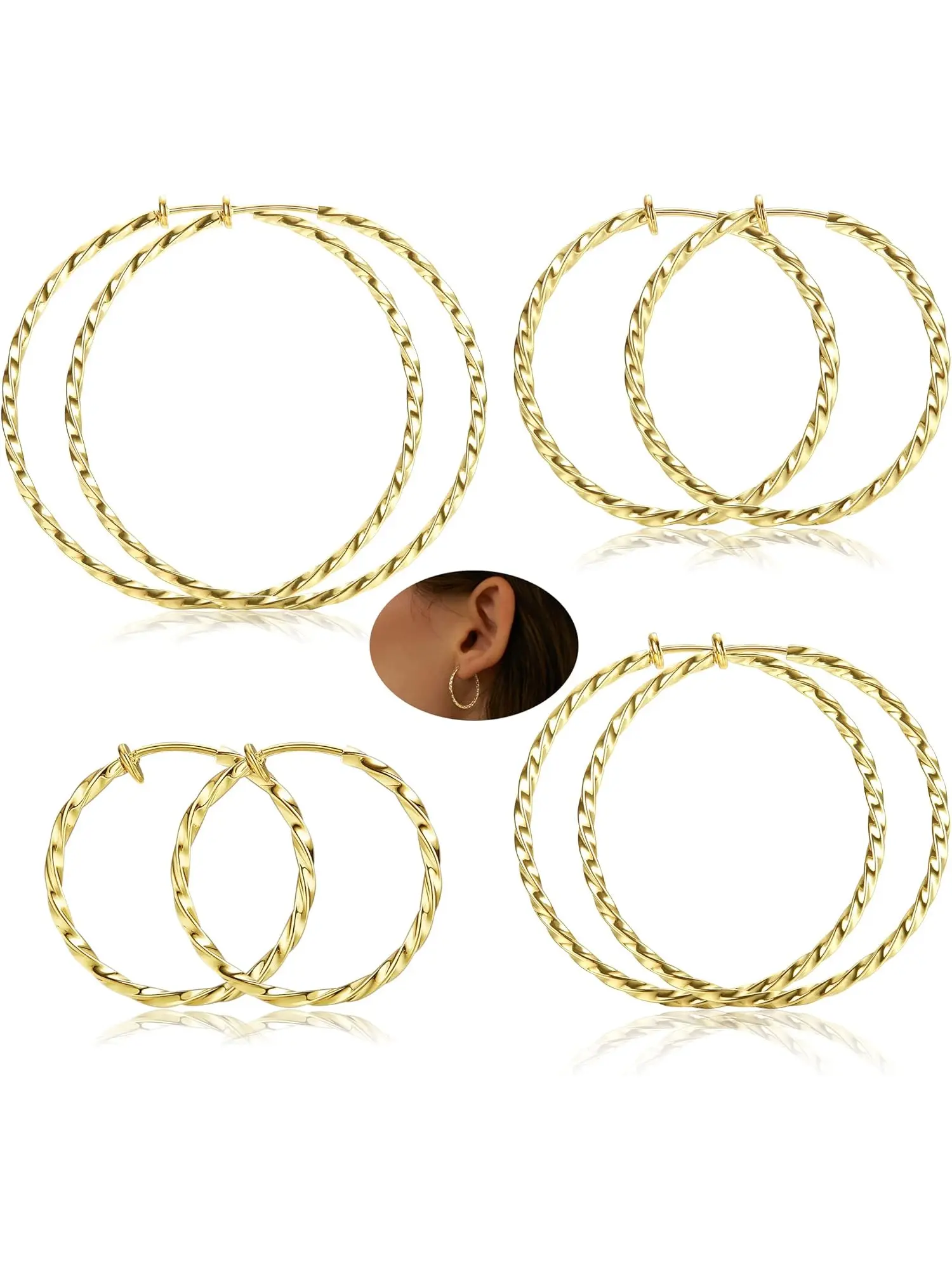 4Pairs Twisted Clip On Hoop Earrings for Women Men Retractable Spring Hoop Earrings Fake Hoop Earrings For Non-Pierced Ears Hoop Set Earrings Jewelry, Non Piercing Jewelry, Casual Trendy Jewelry