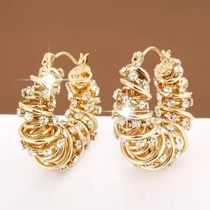 14K Gold Plated Crystal Spiral Hoop Earrings for Women - Chunky Rhinestone Twisted Huggie Hoops, Statement Sparkly Gold Earrings, Fashion Dangle Drop Earrings for Party & Daily Wear