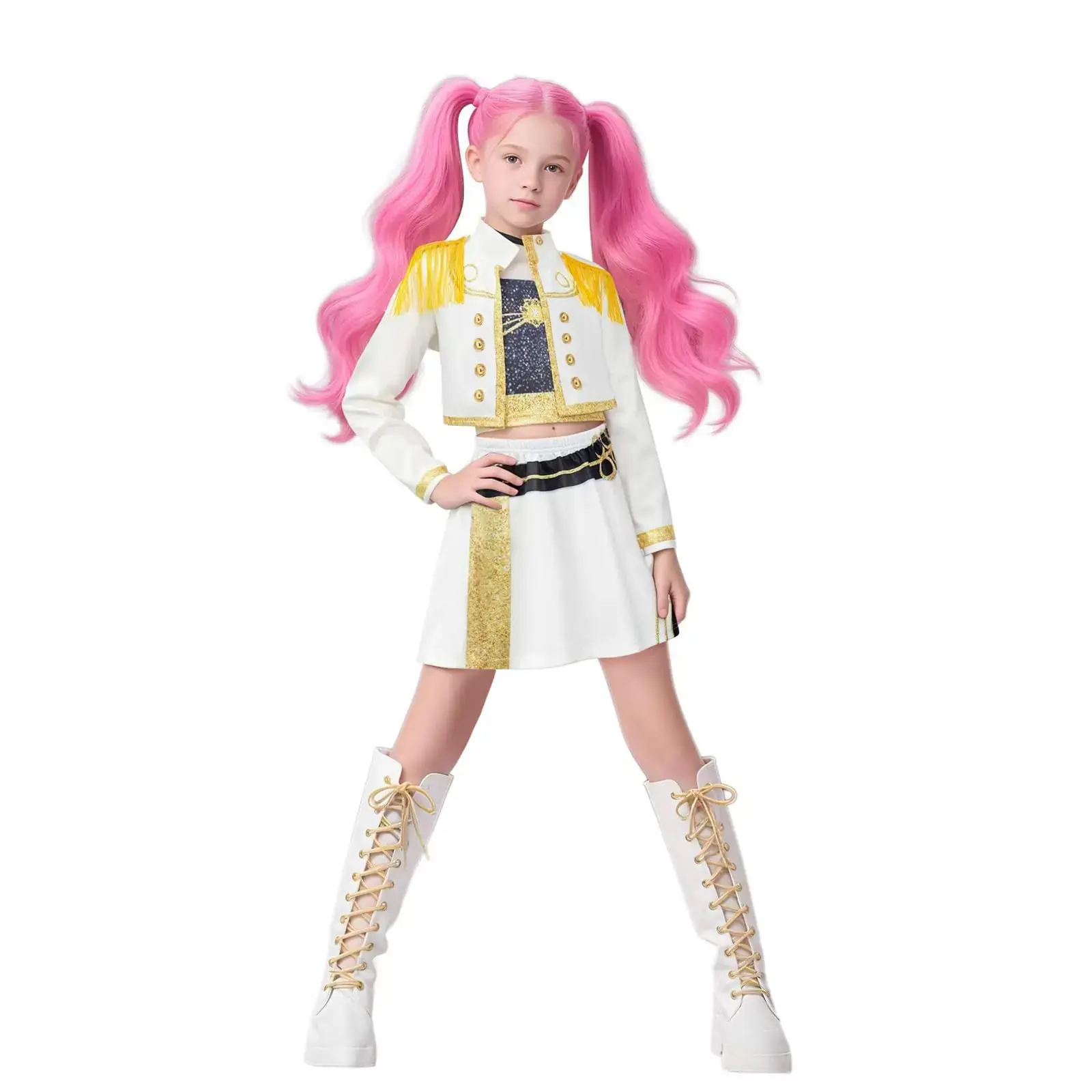 Girls’ 3-Piece Halloween Stage Costume Set, Printed Mesh Crop Top and Matching Bottoms, Dance Party Dress-Up Outfit