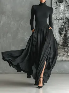 2025 French Retro Elegant Light Luxury Slim Fit Gentle Style Niche Set Dress Black Viscose Fiber Pleated Design Long Sleeves Adjustable Spaghetti