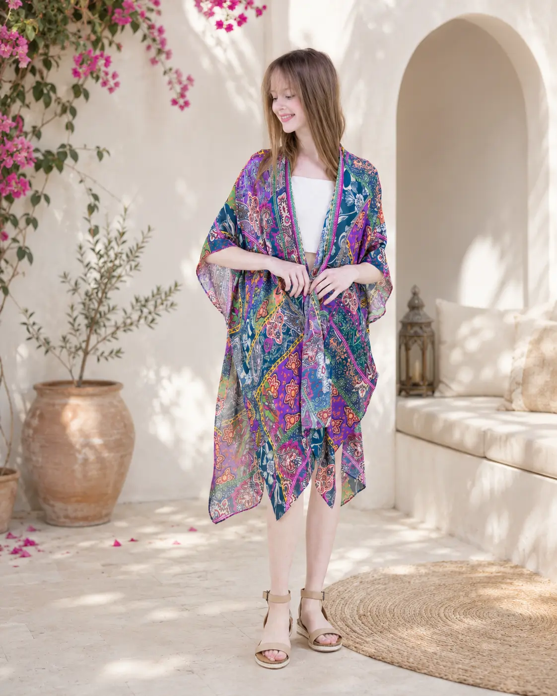 Women's Lightweight Wide Kimono Sleeves Artistic Print Open Front Cardigan Cover Up - Boho Beach Cruise Ootd Swimsuit Cover Up with Mosaic, Tie Dye, Paisley, Polka Dot, Artistic Portrait Prints