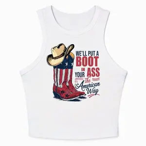 Women’s Micro Rib Racer Tank Top - We'll Put A Boot In Your A** Tank Top Patriotic Country Graphic Racerback Tee American Pride Western Summer Style Perfect Gift For Her Womens